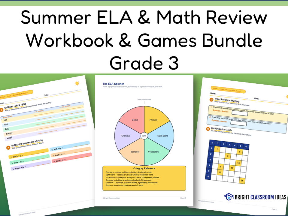Summer ELA & Math Review Workbook & Games Bundle | Grade 3