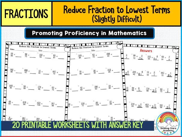 Reduce the Fraction to Lowest Terms (Simplifying Fractions – Difficult Level) Worksheets | Printable