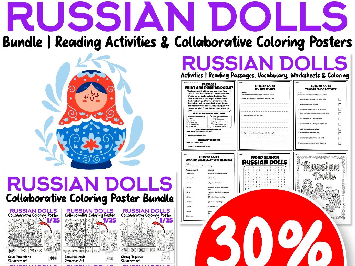 Russian Dolls Bundle | Reading Activities & Collaborative Coloring Posters
