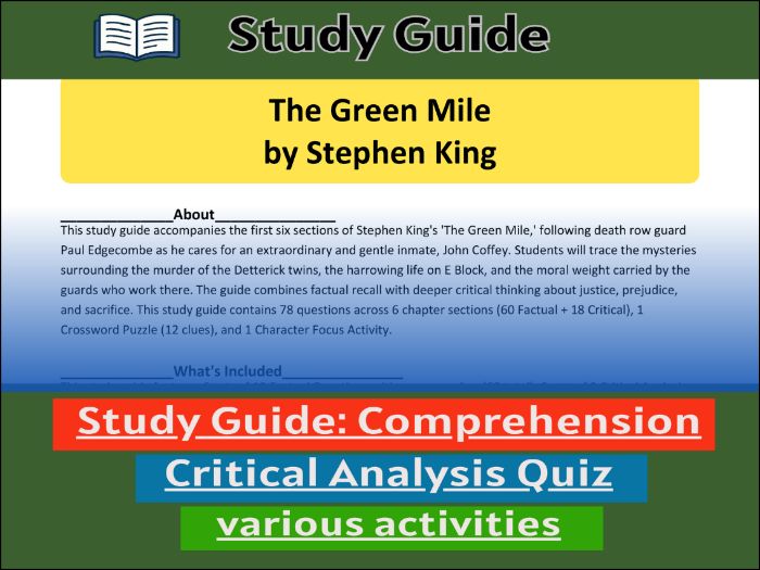 Study Guide for :The Green Mile by Stephen King & Comprehension Test
