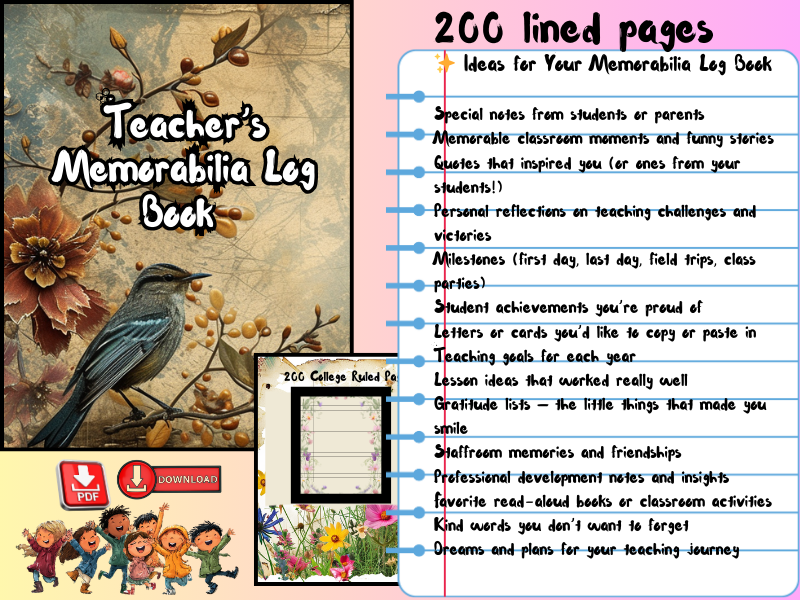 Teacher’s Memorabilia Log Book-200 Pages of Large College Ruled Paper