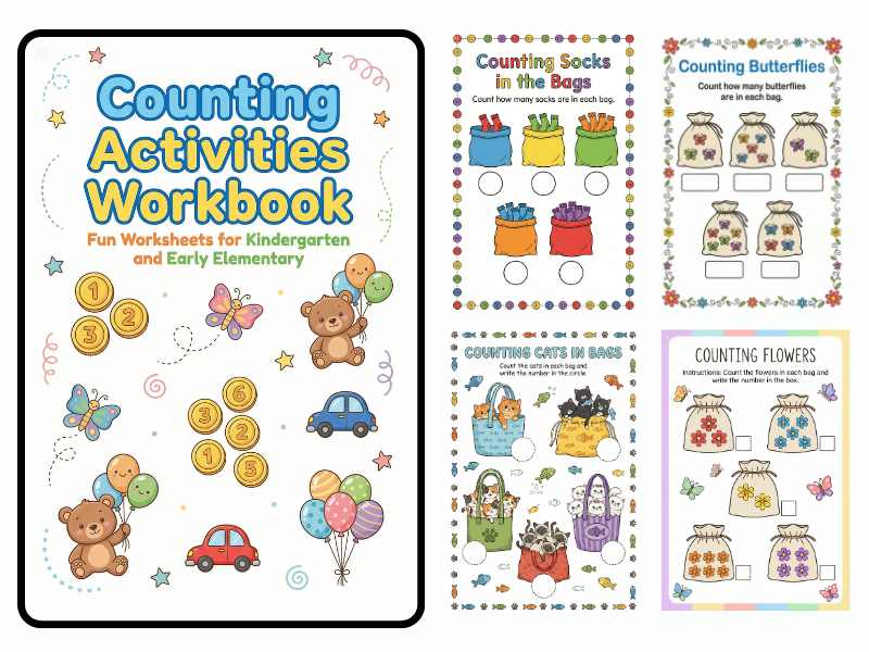 Counting Activities Workbook for Kids – Printable Kindergarten & Elementary Worksheets