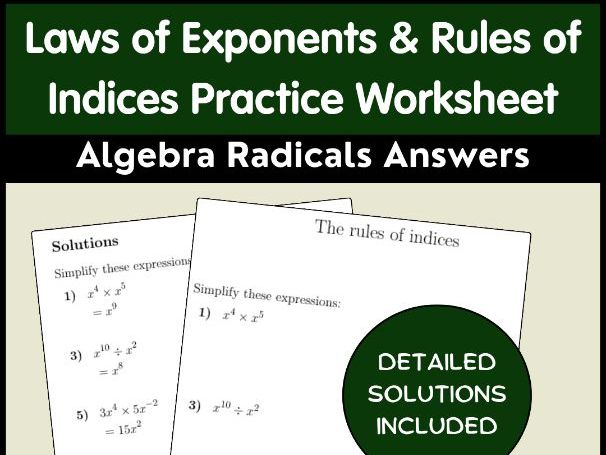 Laws of Exponents & Rules of Indices Practice Worksheet | Algebra Radicals