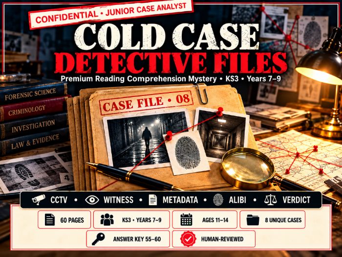 Cold Case Detective Files | KS3 Reading Comprehension Mysteries | Years 7–9 | 60 Pages
