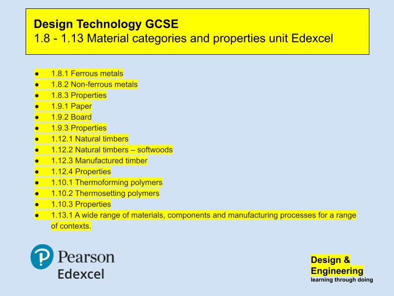 1.8 - 1.13 Material categories and properties unit Edexcel GCSE DT