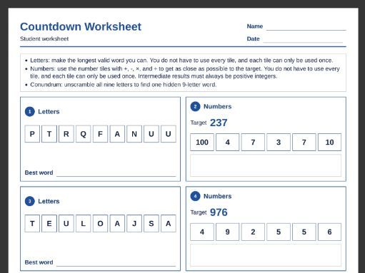 10-pack Countdown Worksheets with Answers: Letters, Numbers, Conundrums