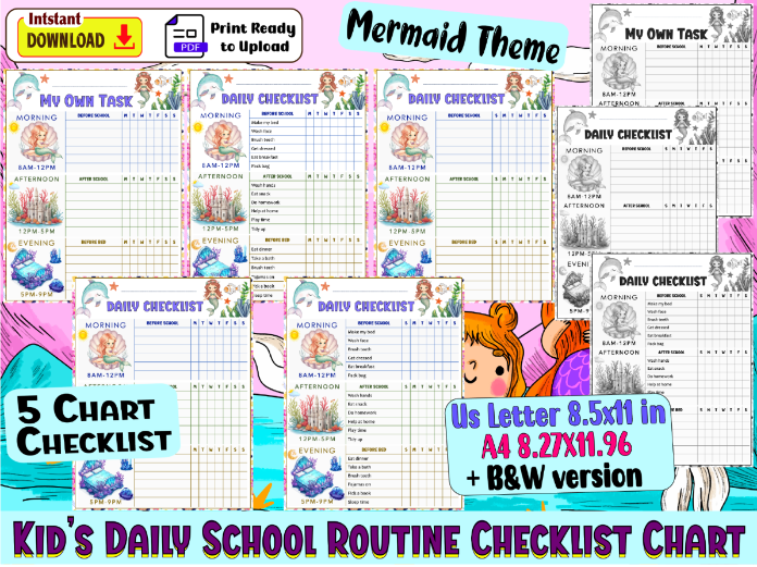 Kid’s Daily School Routine Checklist Chart-Mermaid Theme