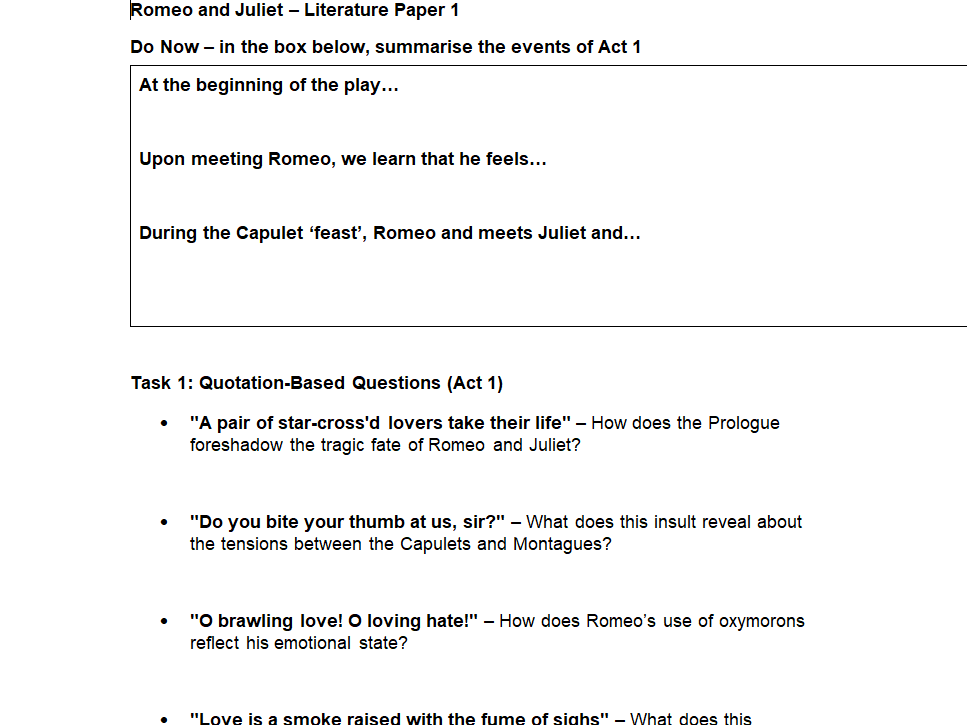 'Romeo and Juliet' Revision resource, GCSE Lit Paper 1 AQA (Act by Act)
