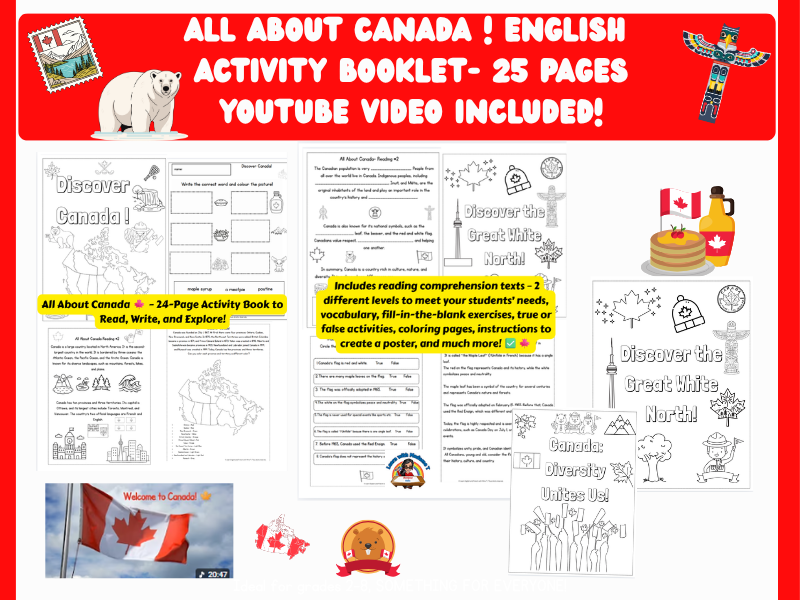 All About Canada – Complete 25-Page Activity Book Primary / Junior / ESL