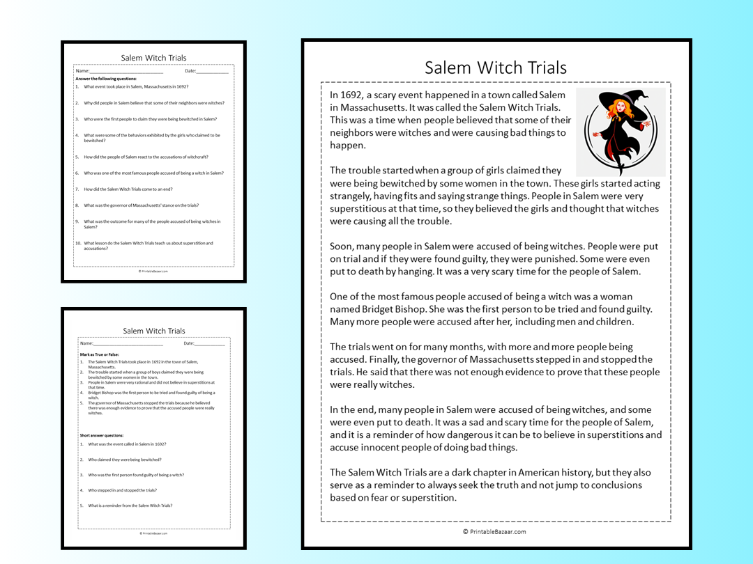 Salem Witch Trials Reading Comprehension Passage Printable Worksheet