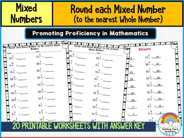 Round Improper Mixed Number to the Nearest Whole Number Worksheets | Fraction Estimation Practice