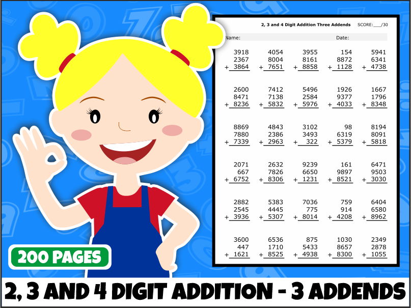 Addition Worksheets | 2-, 3- & 4-Digit Numbers with Three Addends | 200 Printable Worksheets