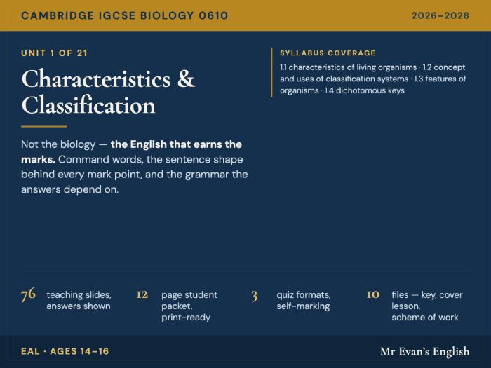 IGCSE Biology 0610 U1 Characteristics & Classification — EAL