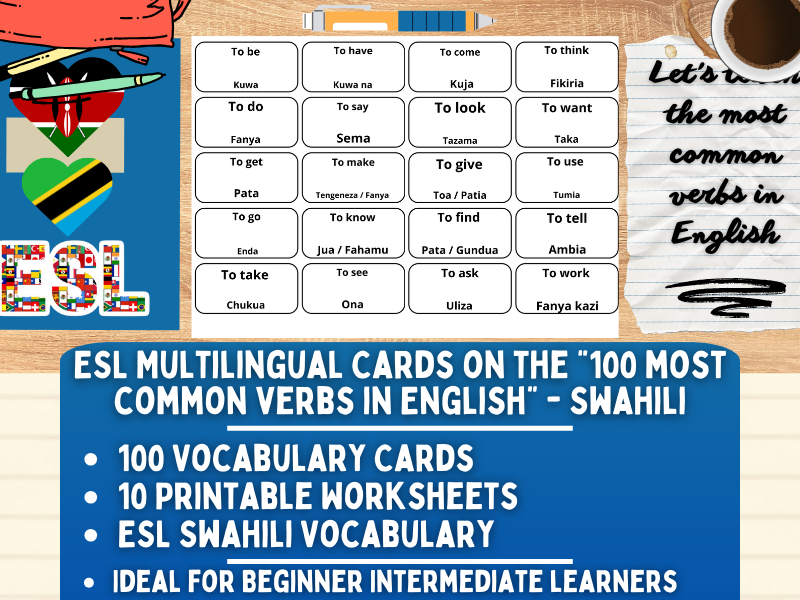 ESL Multilingual Vocabulary Flashcards - 100 most common verbs - Swahili