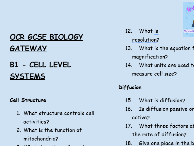 OCR GCSE Biology B1 – Cell-Level Systems - 30 Low Stakes retrieval + answers