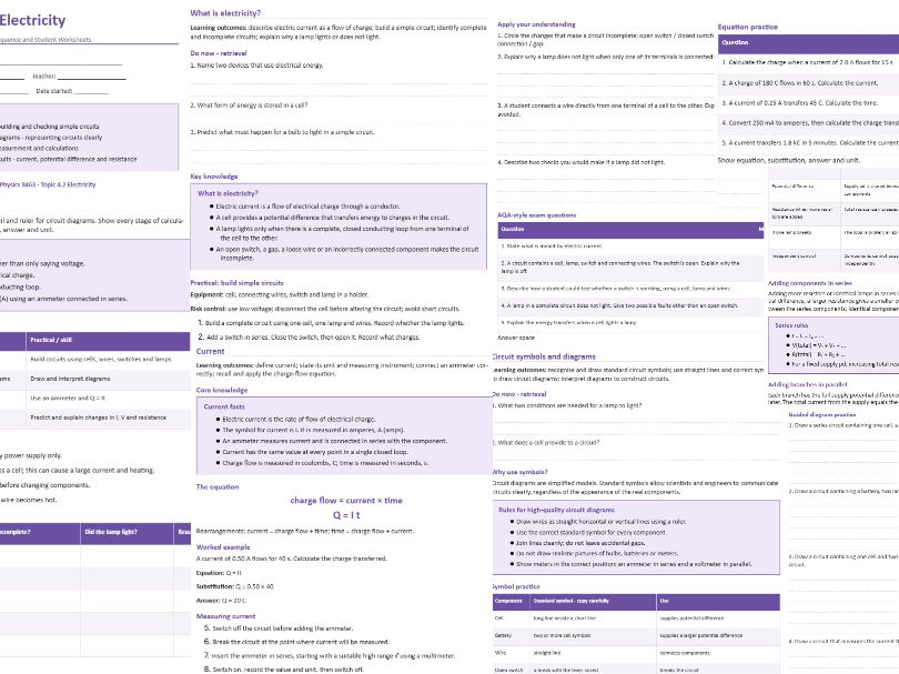 Electricity Workbook - AQA GCSE Physics, 4 complete lessons
