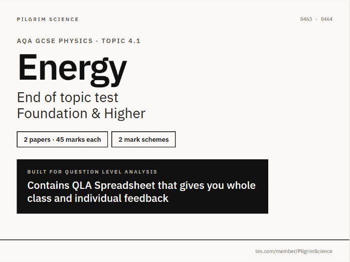 AQA GCSE Physics Energy End of Topic Assessment and Feedback Sheets