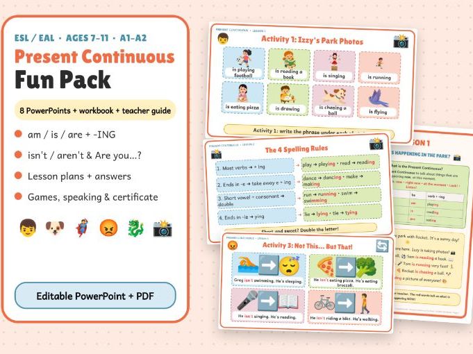 Present Continuous – ESL Workbook, Teacher Guide & 8 PowerPoint Lessons (Ages 7–11)