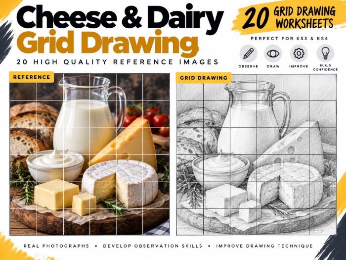 Cheese & Dairy Grid Drawing Worksheets | 20 Food Photography Drawing Activities | KS3 & KS4 Art