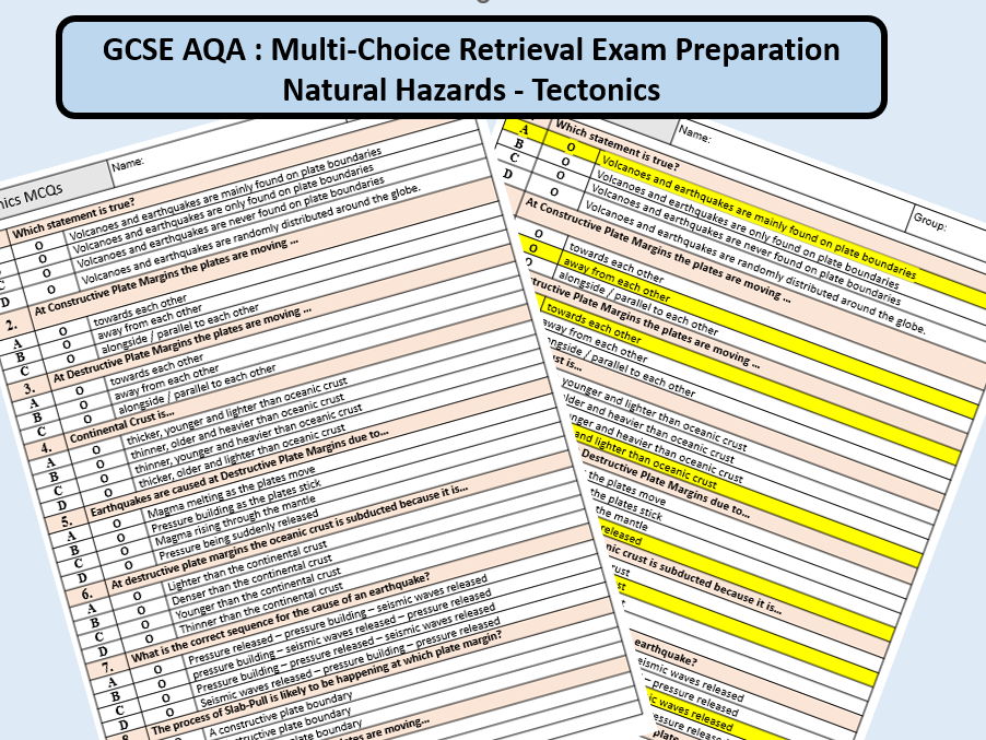 AQA GCSE Natural Hazards - Tectonic Processes Multi-Choice Retrieval Questions