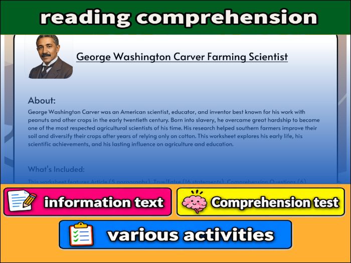 George Washington Carver Farming Scientist- Reading Comprehension, study guide & Activities