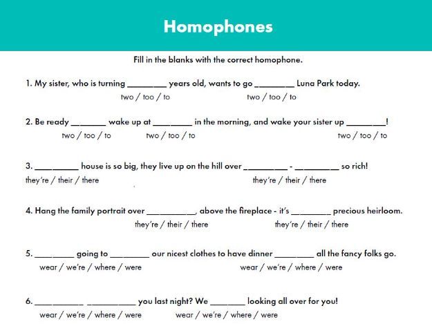 Mixed Homophone Worksheet