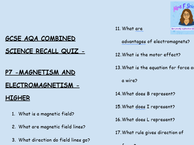 GCSE Physics P7 Magnetism & Electromagnetism – 30 Higher Retrieval Questions | AQA | + Answers