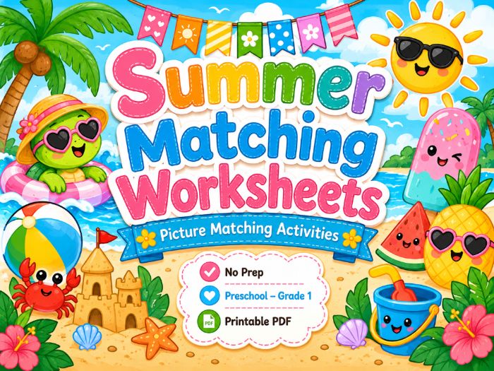 Summer Matching Worksheets | Preschool Kindergarten 1st Grade Math & Literacy Activities