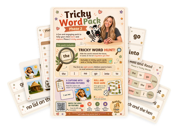 Phase 2 Phonics Tricky Word Hunt Pack | Cards, Captions & Roll and Read Game