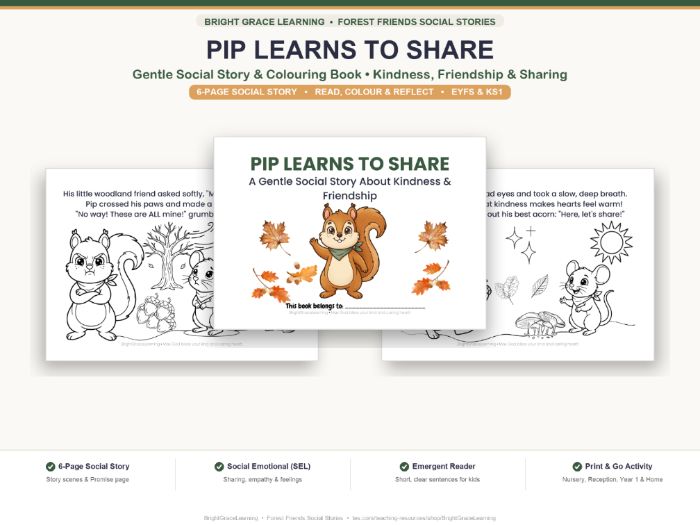 Pip Learns to Share Social Story | Kindness & Friendship SEL Colouring Book
