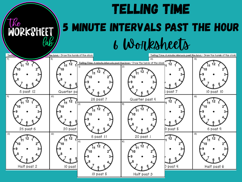 Telling Time: 5 Minute Intervals Past the Hour Worksheets