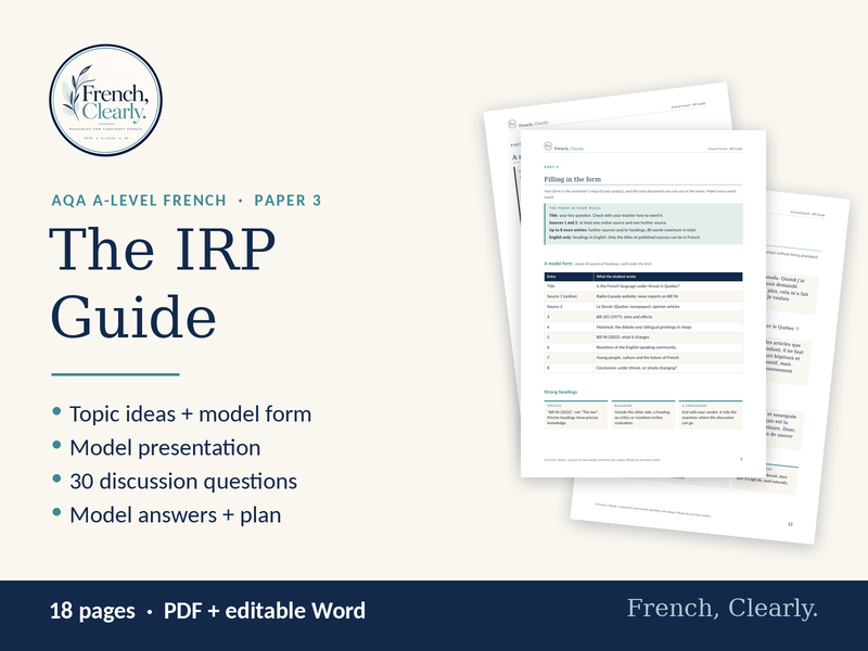 AQA A-level French IRP Guide – Topic Ideas, Model Presentation & 30 Questions (Paper 3)