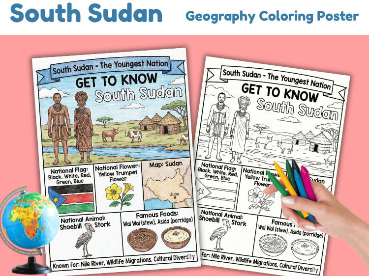 South Sudan Geography Coloring Poster | Country Facts Worksheet