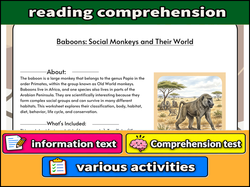 Baboons: Social Monkeys and Their World  & Comprehension Test