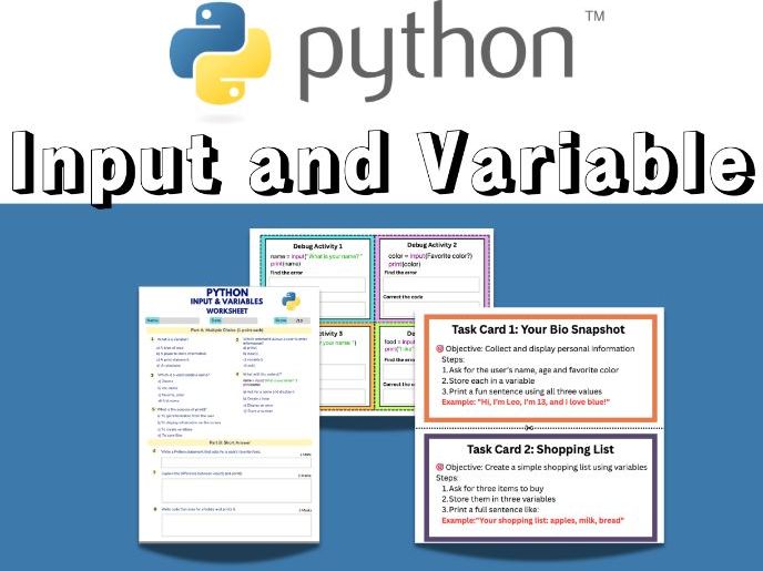 Python Input & Variables Task Cards | Debugging Activities & Quiz