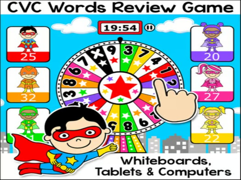Free Superhero Quiz Wheel CVC Words Game for SmartBoards, iPads & Chromebooks
