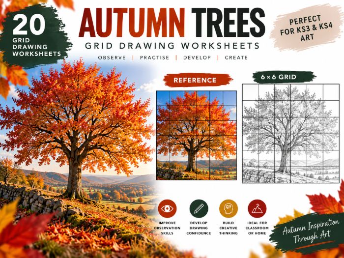 Autumn Trees Grid Drawing Worksheets – 20 Art Activities | 6×6 Grid Drawing | KS3 & KS4