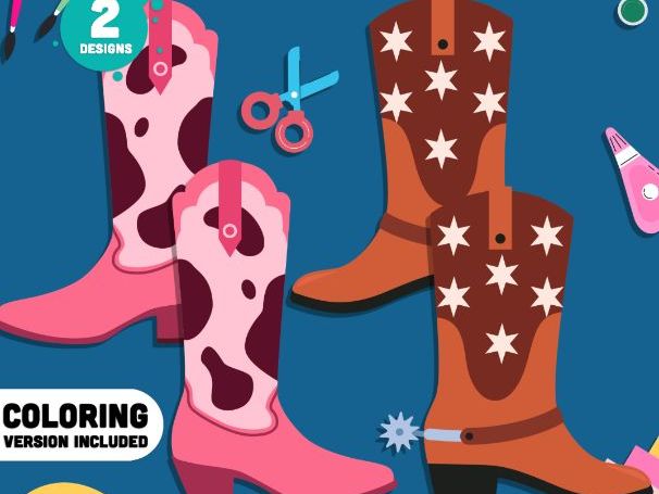 Cowboy & Cowgirl Boots Craft, Printable Wild West Activity, Western Boot Templates