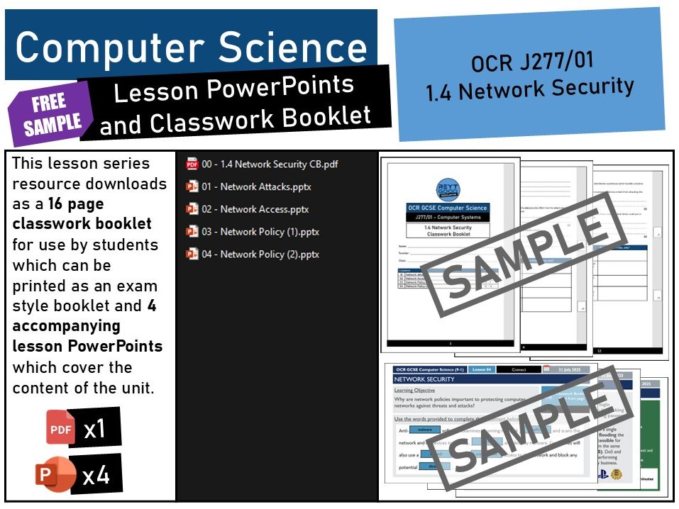 OCR GCSE Computer Science (J277) 1.4 Network Security Lesson PowerPoints and Classwork Booklet.