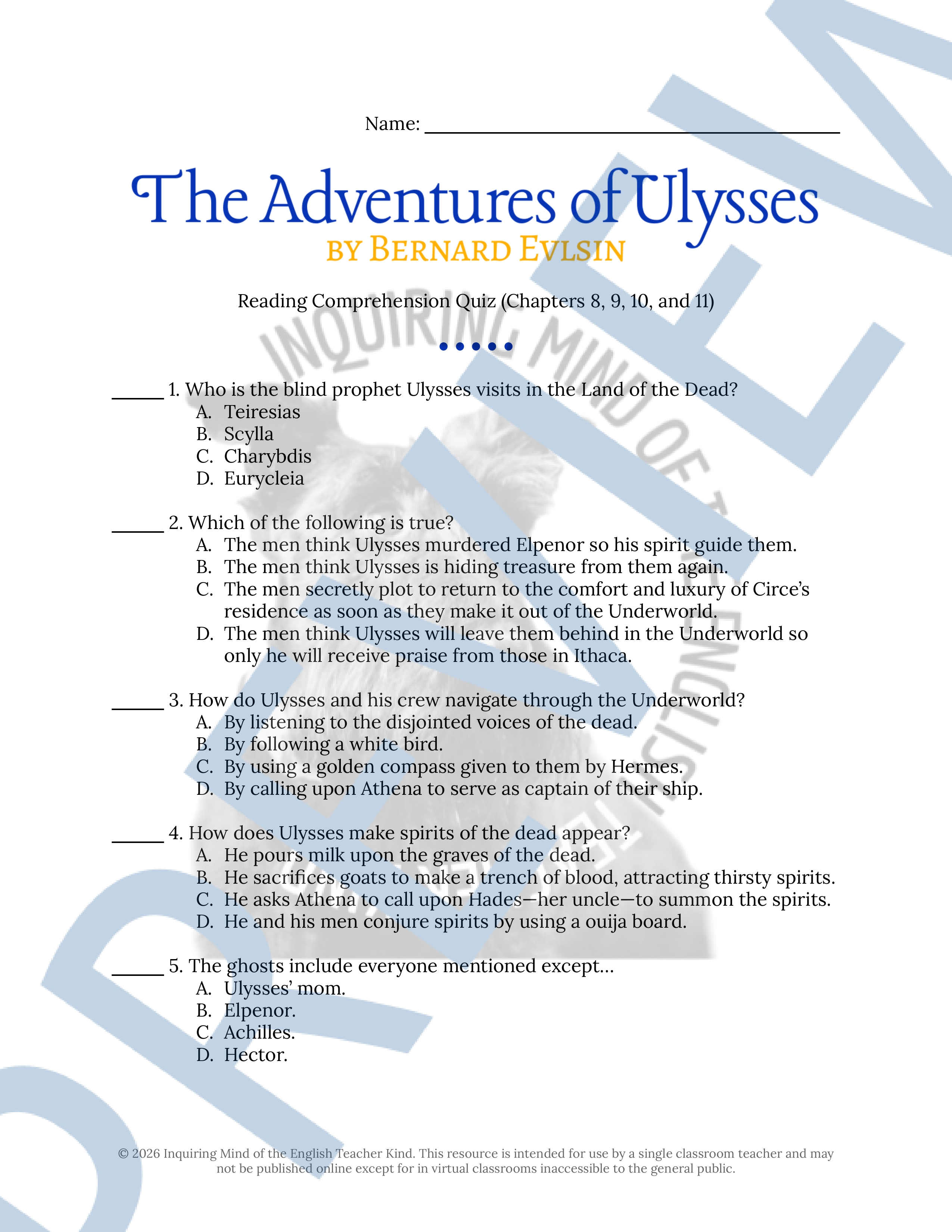 Adventures of Ulysses by Bernard Evslin Chapters 8, 9, 10, and 11 Quiz ...