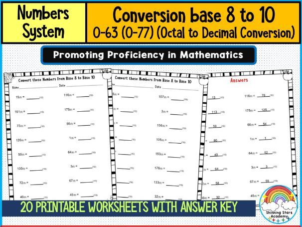 Number Conversion Base 8 to 10 (0–63 / 0–77) Worksheets | Octal to Decimal Conversion Practice