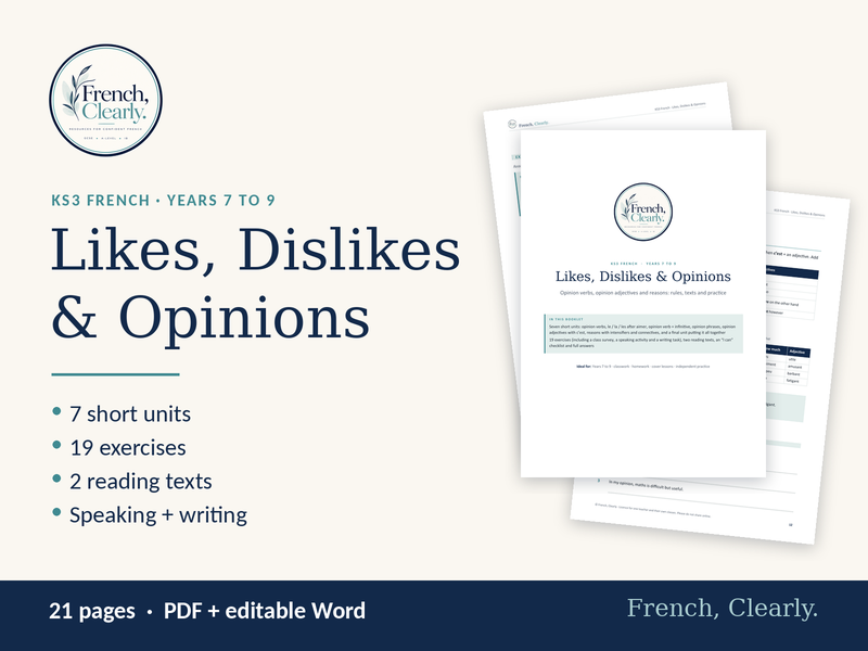 KS3 French Likes, Dislikes & Opinions – Opinion Verbs, Adjectives, Reasons, Texts & Answers