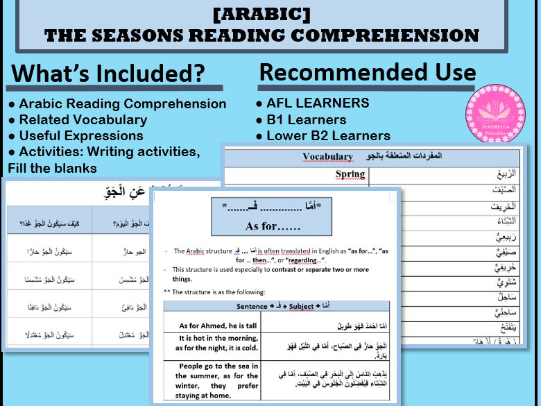 Arabic Seasons & Weather Reading Comprehension Worksheet | Vocabulary & Writing for AFL learners