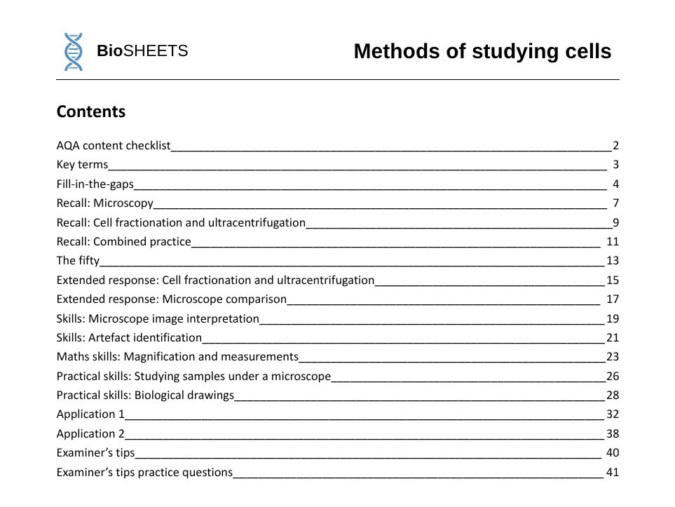 AQA A-Level Biology: 2.3 Studying cells – BioSHEETS Complete Study & Practice Pack