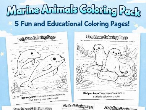 Marine Animals Coloring Pages for Kids | Ocean Animal Coloring Pack with facts