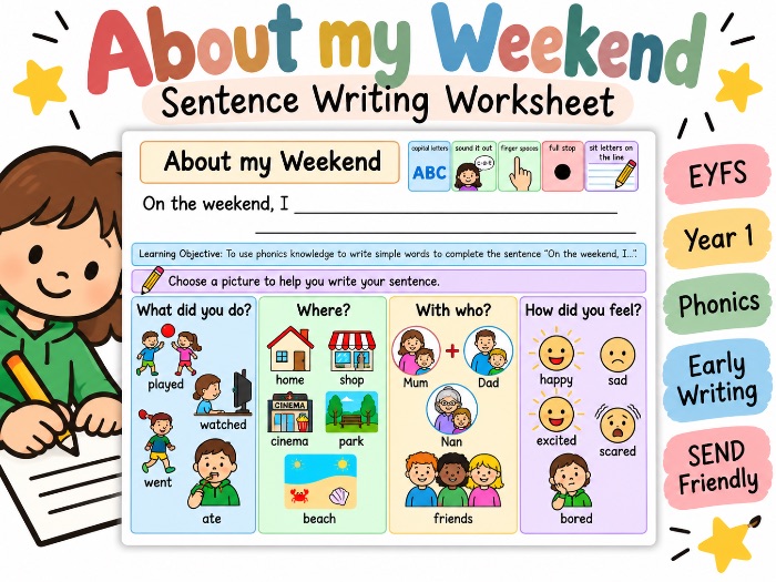 About My Weekend| Sentence Writing & Phonics Worksheet | EYFS & KS1