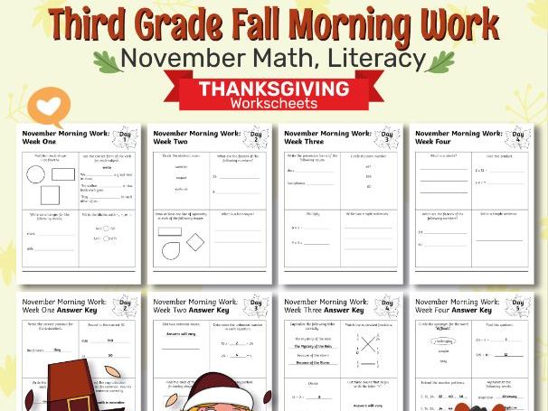 Third Grade Autumn Morning Work | November Math, Literacy & Thanksgiving Worksheets