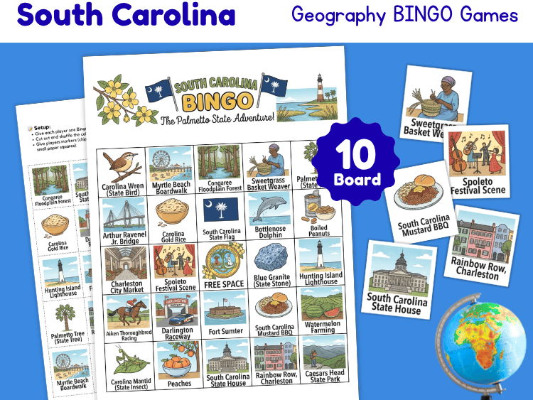 South Carolina Geography Bingo | 10 Printable State Study Games
