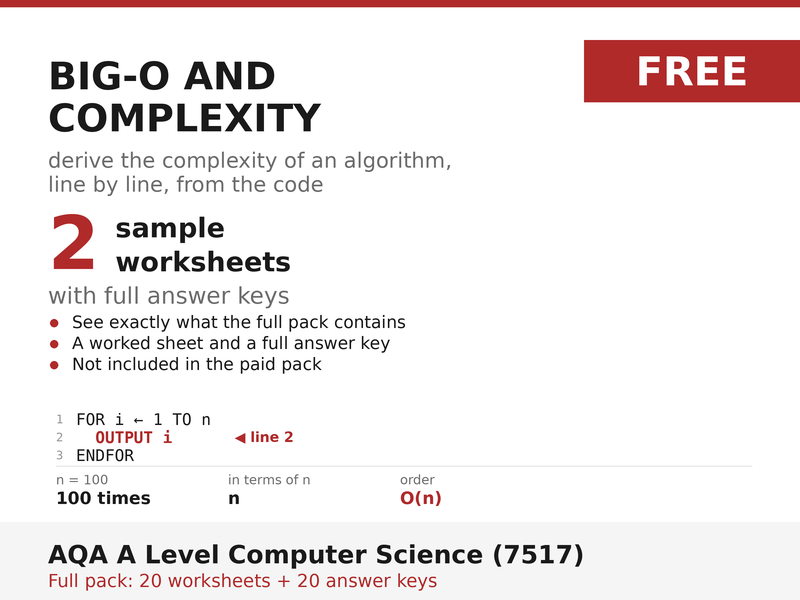 FREE Big-O & Complexity Sample | AQA A Level Computer Science 7517 | 2 Worksheets + Answers