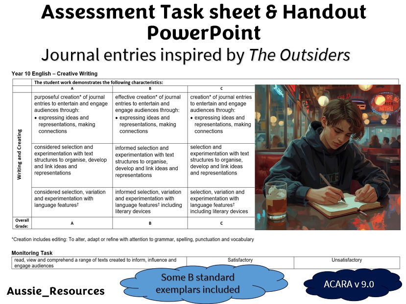 10 English – Creative Writing inspired by The Outsiders - Assessment Task sheet & B level exemplars
